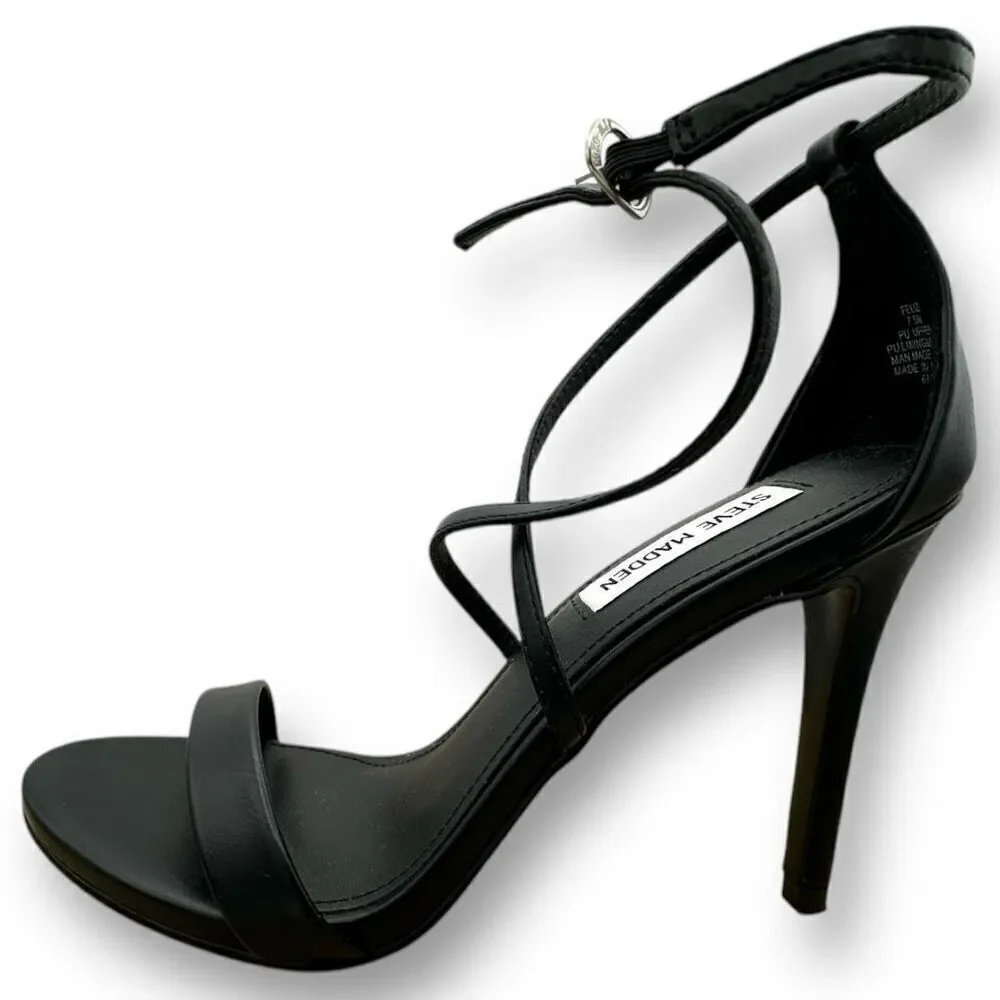 Steve Madden Womens Feliz PU Leather Strappy Stiletto Heel Sandals Black Sz 7.5